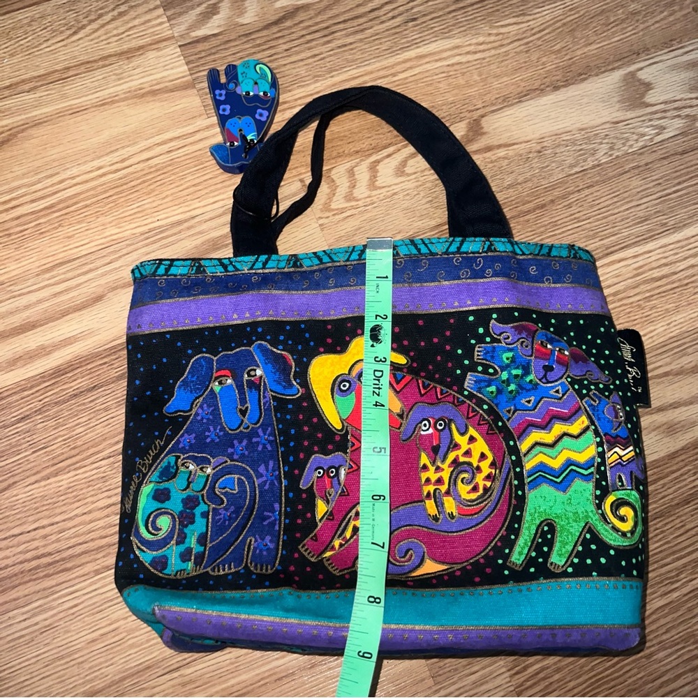 Laurel Burch printed Canvas Plastic Lined Puppies Black Bag - Picture 9 of 10